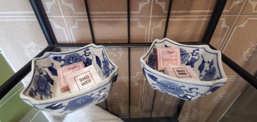 two blue and white vases sitting on a shelf at AL CASTANEDO in Domodossola