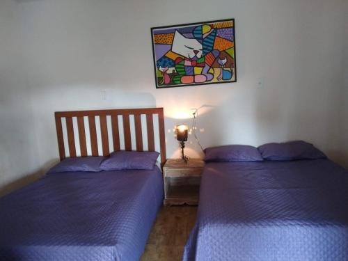 dwa łóżka w sypialni z obrazem na ścianie w obiekcie Chácara 4 Ases J R w mieście Cotia