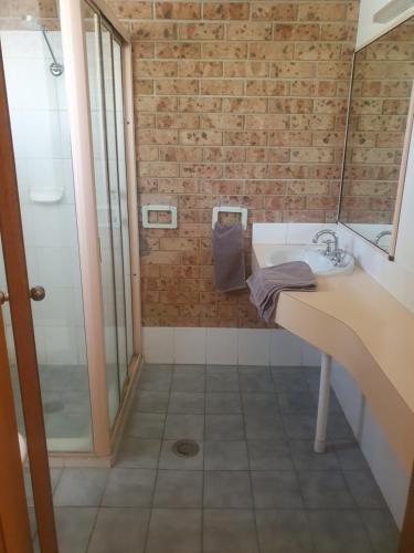 a bathroom with a sink and a shower at Alyn Motel in Gunnedah