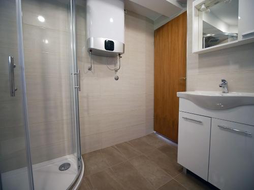 een badkamer met een douche en een wastafel bij Apartment Miho in Dubrovnik