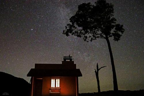 a house with a tree and a starry sky at Pousada Colina das Maritacas in São Thomé das Letras