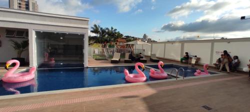 a group of pink flamingos in a swimming pool at Apartamento Novinho Aeroporto JF in Juiz de Fora