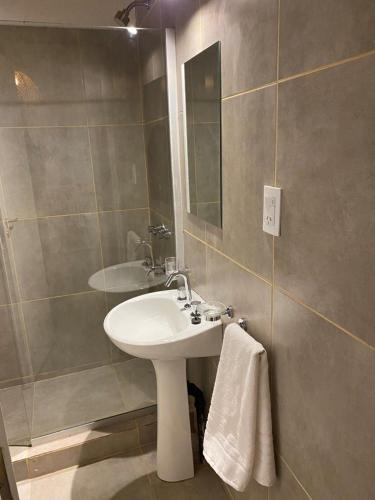 W łazience znajduje się biała umywalka i lustro. w obiekcie Los Andes de Uco w mieście La Consulta