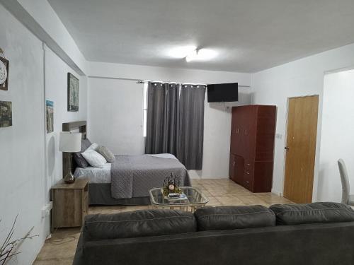 a living room with a couch and a bed at Roseau City Hub Apartment in Roseau