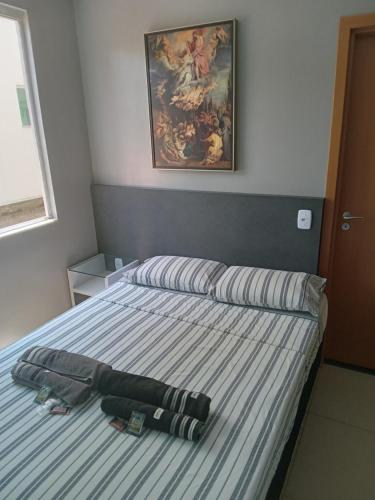 um quarto com uma cama com um cobertor e um quadro em Apartamento Completo e Aconchegante em Lagoa Santa