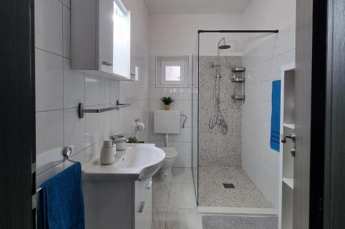 La salle de bains blanche est pourvue d'un lavabo et d'une douche. dans l'établissement Family friendly house with a swimming pool Vrana, Biograd - 21875, à Pakoštane