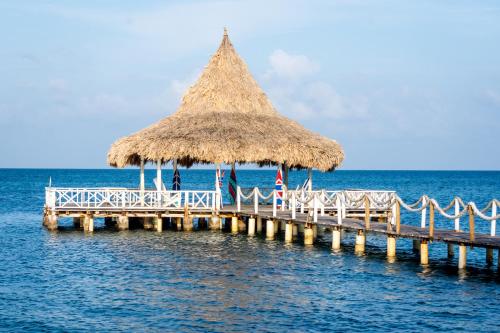 a pier with a straw hut on the water at Tintipan Hotel in Tintipan Island