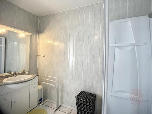 une salle de bain avec un lavabo, des toilettes et une douche dans l'établissement Bel F2 lumineux avec terrasse privée, à 5 min des Thermes et cœur de ville, animaux acceptés - FR-1-451-37, à Lamalou-les-Bains