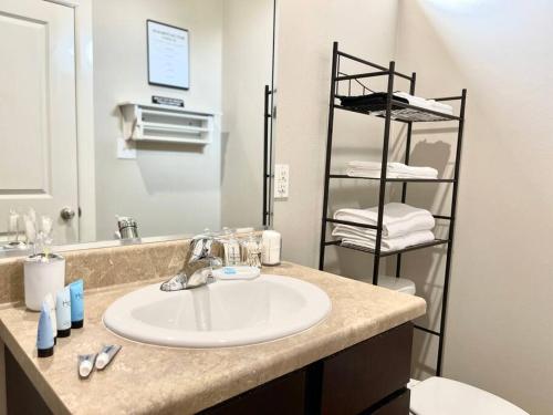 a bathroom with a sink and a toilet and a mirror at NEW! Luxury Apt, 5 min from Mall, Airport, & Dine! in McAllen