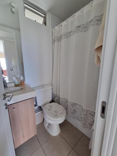 uma casa de banho com um WC, um lavatório e um chuveiro em Arriendo vacaciones reñaca em Viña del Mar