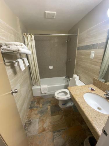 a bathroom with a toilet and a sink at Downtown Motel 7 in San Bernardino