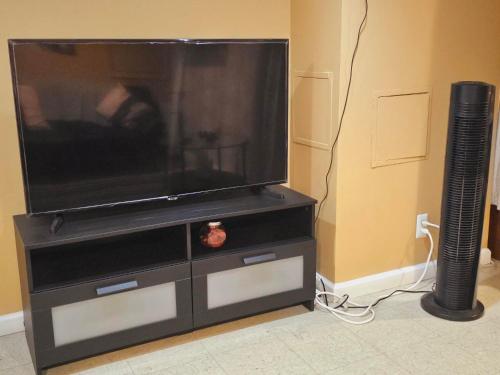 TV de pantalla plana en un tocador en una habitación en Tidy Queens Apartment en Queens