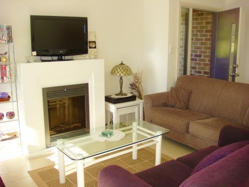 a living room with a couch and a fireplace with a tv at Waterfront Lakeside Cottage Primbee in Primbee