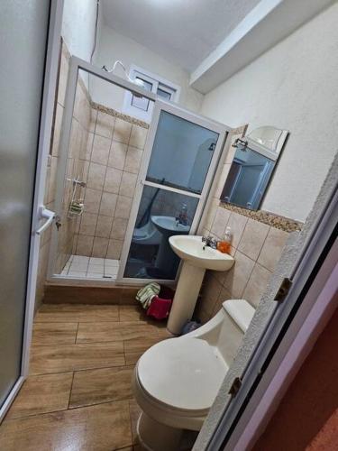 uma casa de banho com um WC, um lavatório e um chuveiro em Apartamento acogedor em Quetzaltenango