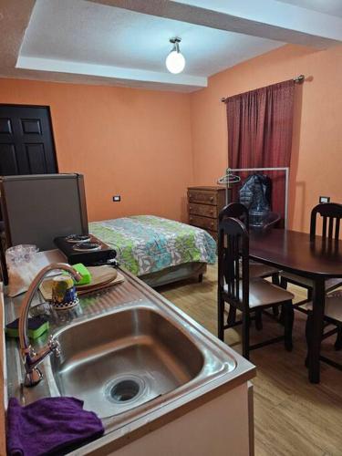 uma cozinha com um lavatório e um quarto com uma cama em Apartamento acogedor em Quetzaltenango