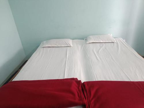 Best Home stay Hampi Anegundi في هامبي: سرير أبيض وأحمر في الغرفة