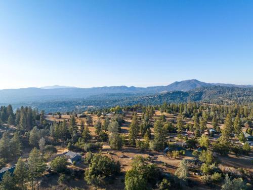 an aerial view of a forest with mountains in the background at Manzanita Rest in Mariposa