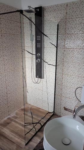 a glass shower in a bathroom with a sink at CABANA ADAM SI EVA in Gura Râului