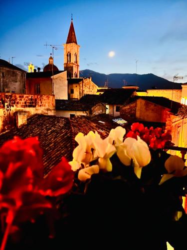a group of red and white flowers in front of a church at Regina d’Aragona casa vacanze in Sulmona