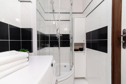 a white bathroom with a shower and a sink at Apartament Okrzei in Płock