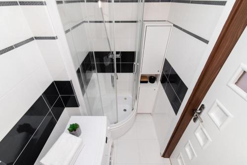 a bathroom with a shower and a toilet and a sink at Apartament Okrzei in Płock