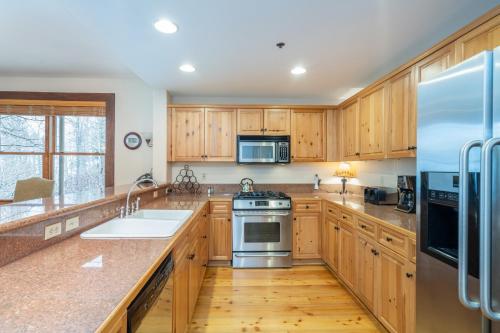 a kitchen with wooden cabinets and stainless steel appliances at One-Bedroom Apartment in Telluride