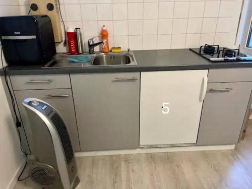 a kitchen counter with a sink and a vacuum at Gemütliche 1,5 Wohn.: Komfort und Still in Bern