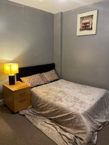 a bedroom with a bed and a lamp on a night stand at Transformative housing Exeter Road in Nottingham