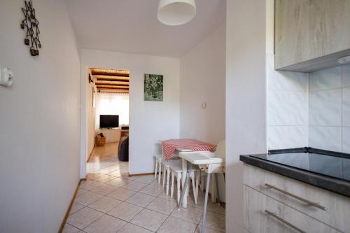 a kitchen with a counter and a table in a room at Holiday home Jarzębinowa in Rowy