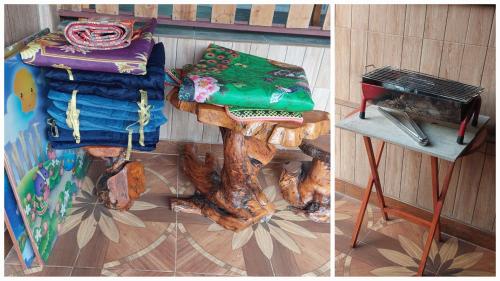 duas fotos de uma mesa com cobertores sobre ela em แดดดี้ โฮมสเตย์ สัตหีบ em Ban Tao Than
