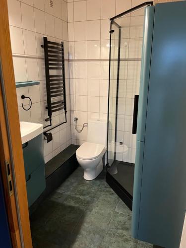 ルバフカにあるZajazd Magraniのバスルーム(トイレ、ガラス張りのシャワー付)