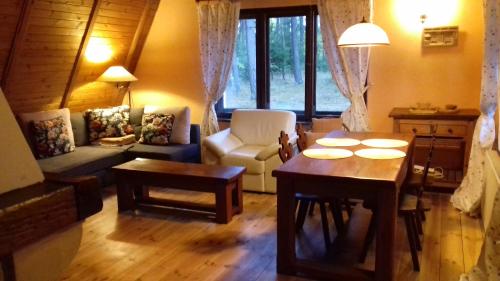 a living room with a table and a couch at EKOLANDIA domek w lesie na wyłączność in Tuszkowy