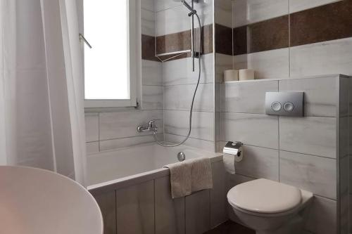 a bathroom with a shower and a toilet and a sink at 3,5 Z-Wohnung, 2 Schlafzimmer für 4 Personen, 30 Min Zürich in Klettgau