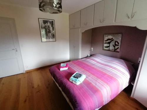- une chambre avec un lit et une couverture violette dans l'établissement Appartement au calme près du lac d'Annecy, à Saint-Jorioz