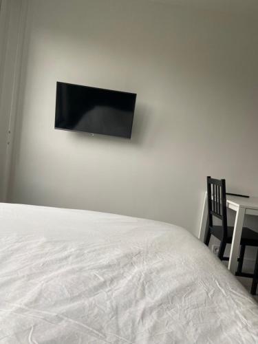 um quarto com uma cama e uma televisão na parede em Studio vue sur Seine em Rouen