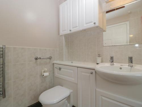 a white bathroom with a toilet and a sink at Myrtle Cottage in Cardiff