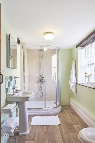 a bathroom with a shower and a sink at Rose Cottage in Bude