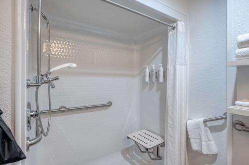 a bathroom with a shower with a shower curtain at Hampton Inn Washington Court House in Jeffersonville