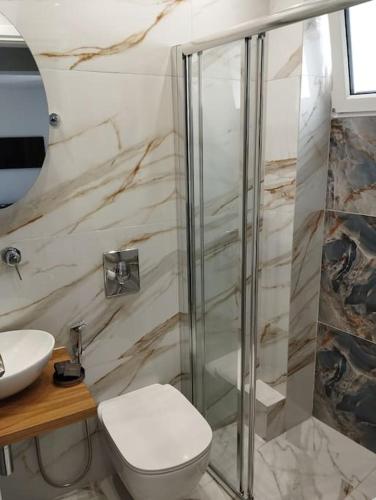 e bagno con doccia, servizi igienici e lavandino. di Kentrikon Guest House a Xánthi