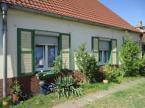 ein Haus mit grünen Rollläden an der Seite in der Unterkunft Pension Scheffler in Potsdam