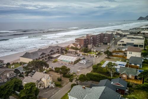 an aerial view of a town next to the ocean at The Captains Place in Lincoln City