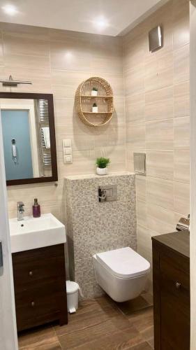 a bathroom with a toilet and a sink at Białe Noce Apartament in Biała Podlaska