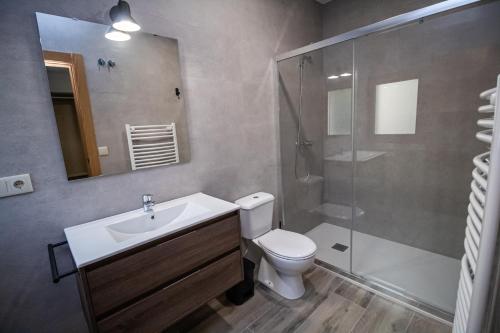 uma casa de banho com um WC, um lavatório e um chuveiro em Apartamentos 7 puentes sierra Cazorla em Burunchel
