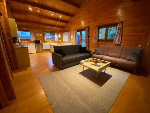a living room with a couch and a coffee table at Chalet 't Musje in Durbuy