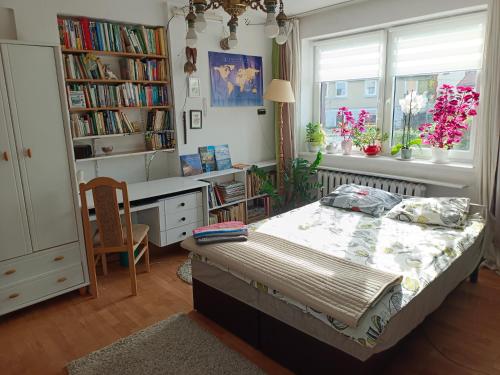 a bedroom with a bed and a desk and a window at Safari house - dom podróżnika in Gdynia