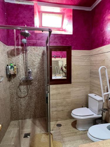 a bathroom with a toilet and a shower with purple walls at Vivienda La Puerta del Perdon in Constantina