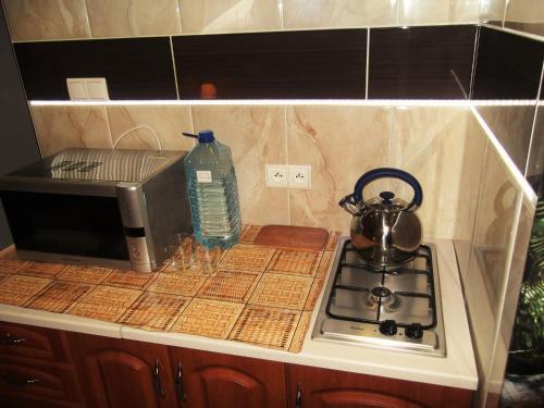 a bottle of water sitting on a counter next to a stove at Dworek w Zieleni in Warsaw