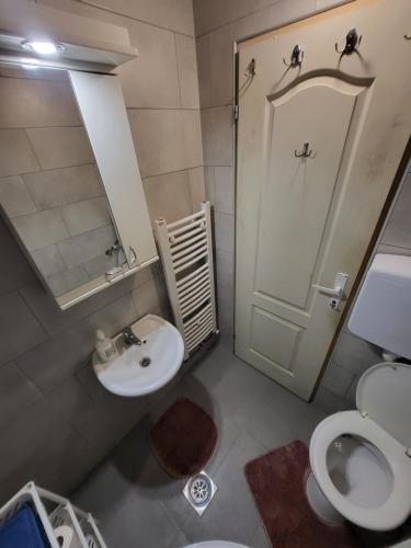a bathroom with a sink and a toilet and a mirror at Apartman u centru Prnjavor in Prnjavor