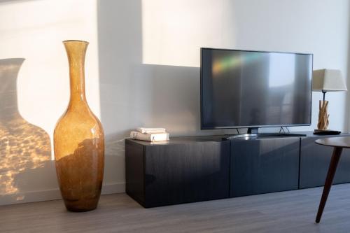 een woonkamer met een vaas en een tv bij Let’s Go in Oostende