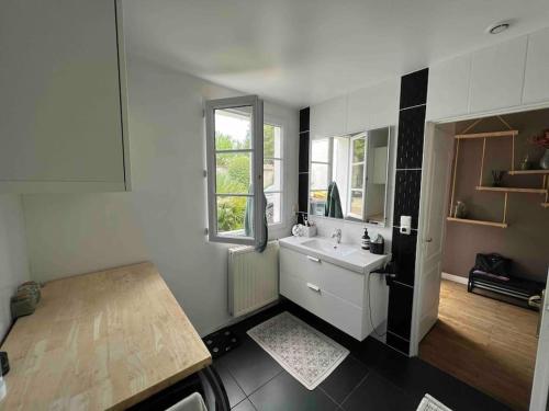 Baño blanco con lavabo y espejo en Maison de charme proche gare, en Le Gond